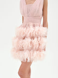 Abito corto rosa cipria con gonna in tulle