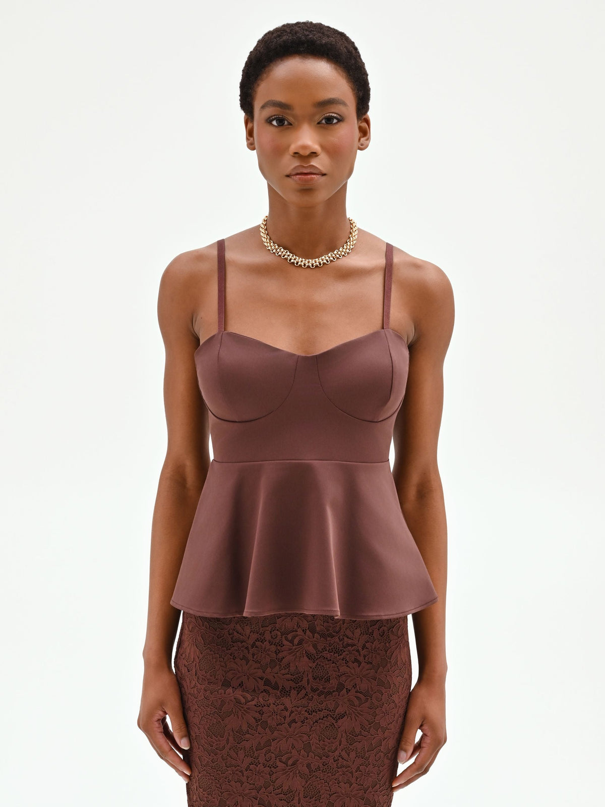 Top bustier in cotone color cioccolato con baschina