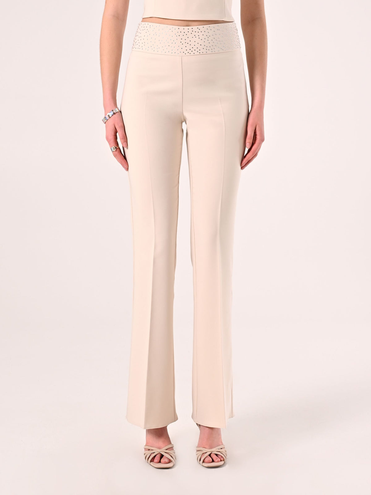 Pantaloni Beige con Strass