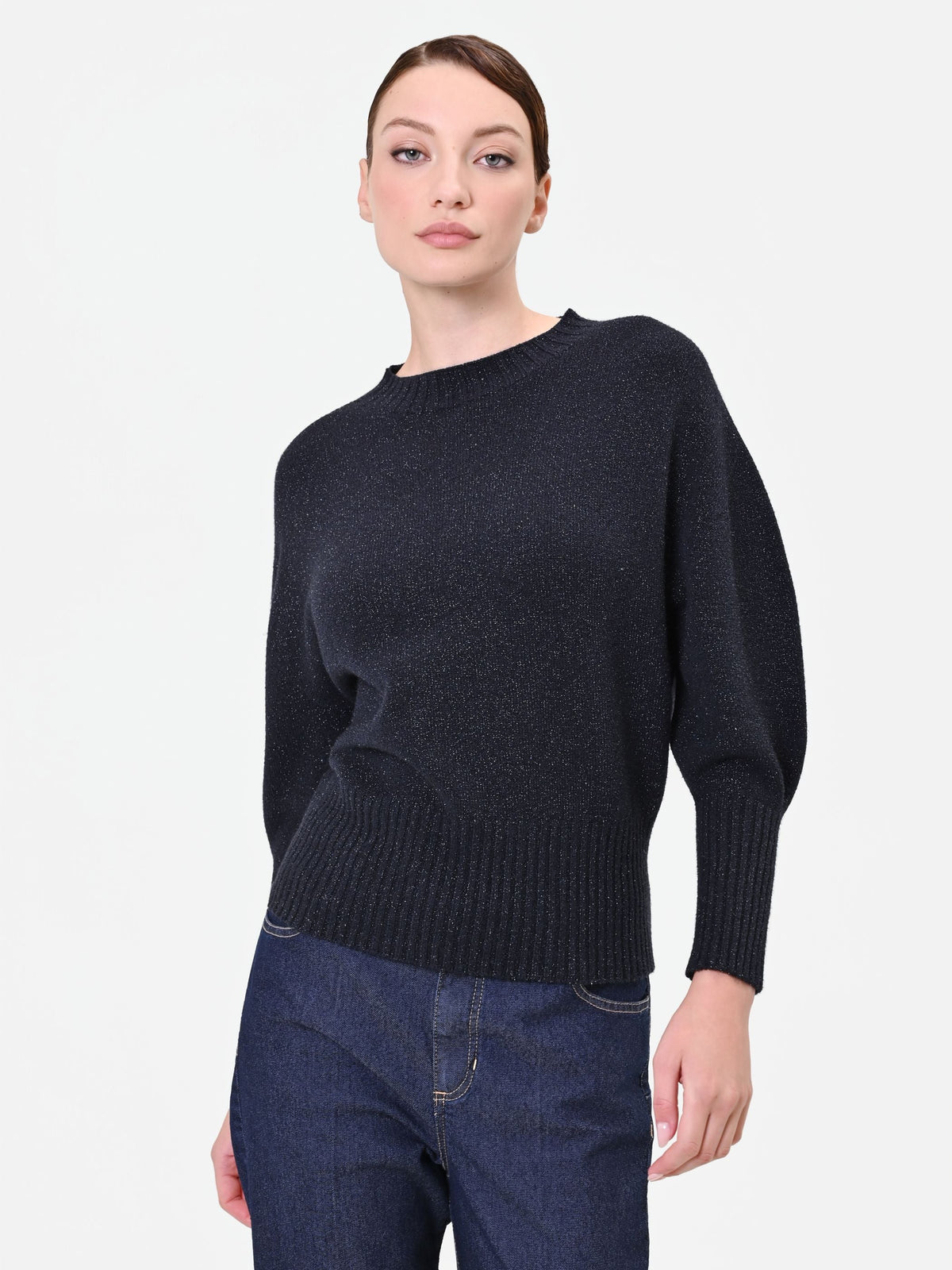 Maglia blu navy girocollo con filato luminoso in misto viscosa