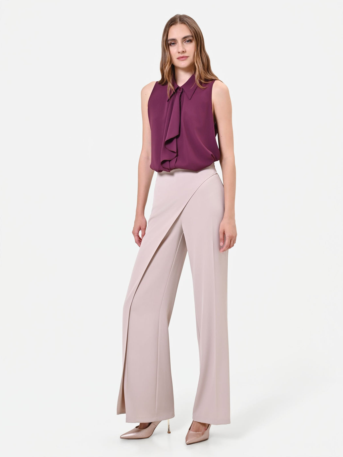 Pantalone asimmetrico fluido tortora beige