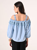 Blusa Azzurra off the Shoulders con Inserto in Pizzo