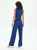 Pantalone gessato gamba ampia blu brillante a vita bassa