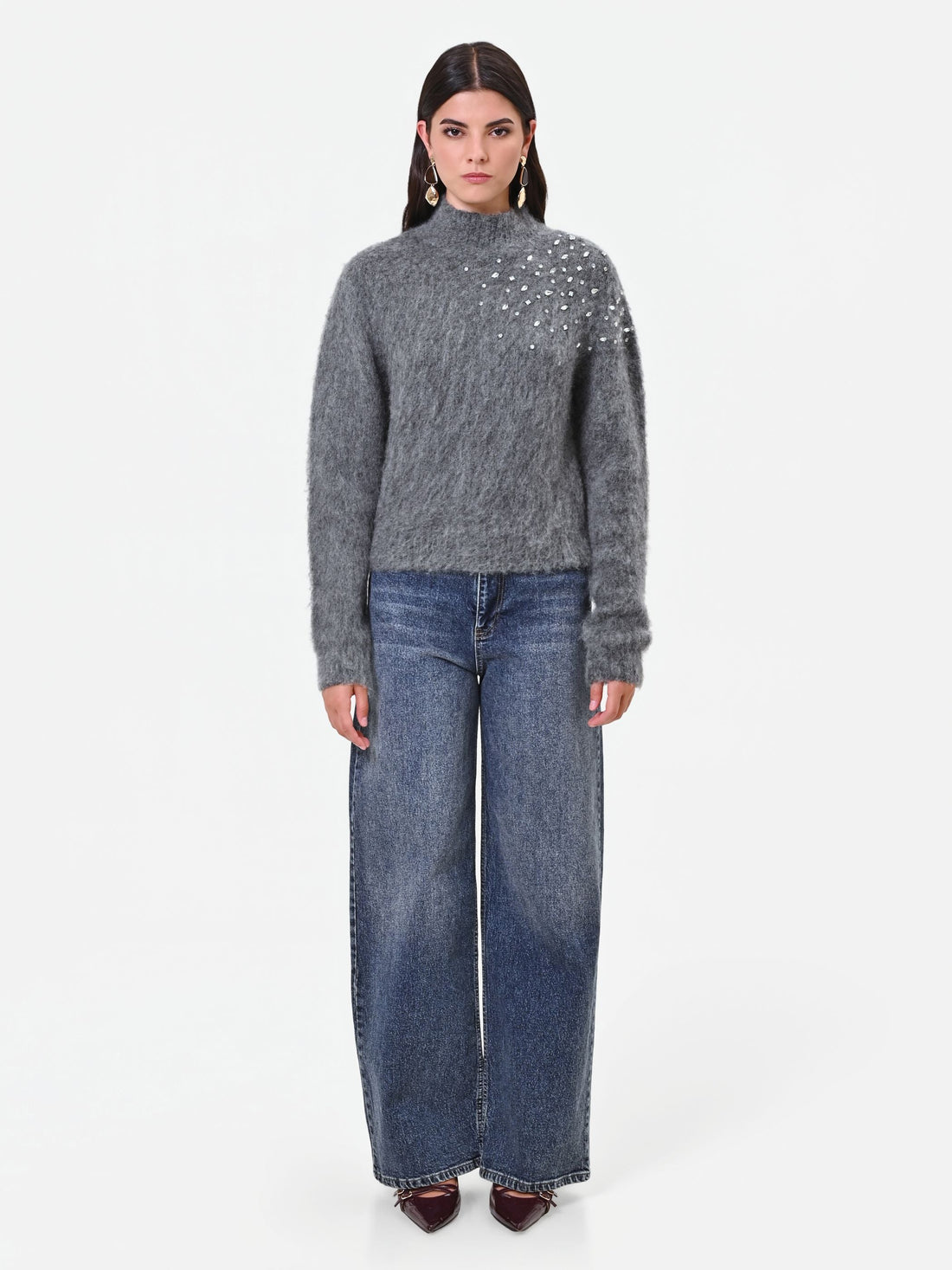 Maglia grigia in mohair con applicazione gioiello Giorgia Palmas X Rinascimento