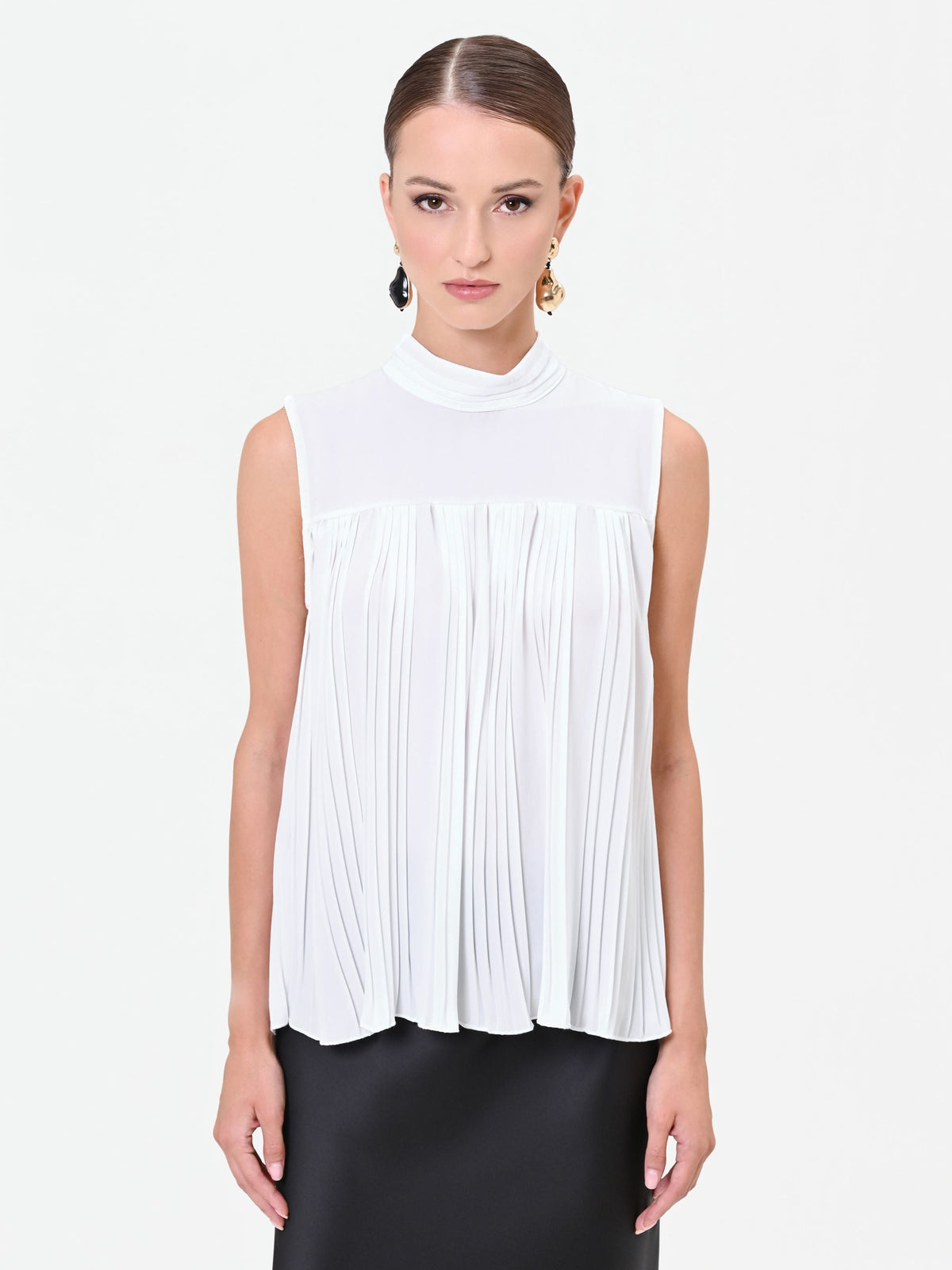 Top smanicato plissé panna bianco