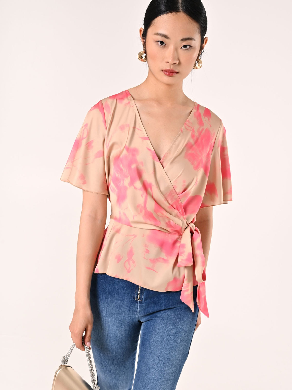 Blusa stampa Astratta Beige Scuro & Rosa Camelia
