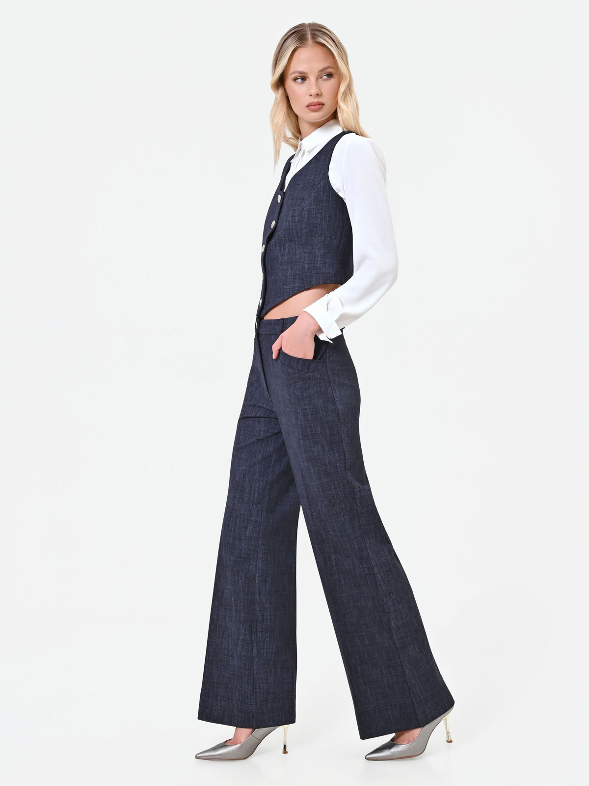 Pantalone blu navy in punto milano effetto denim