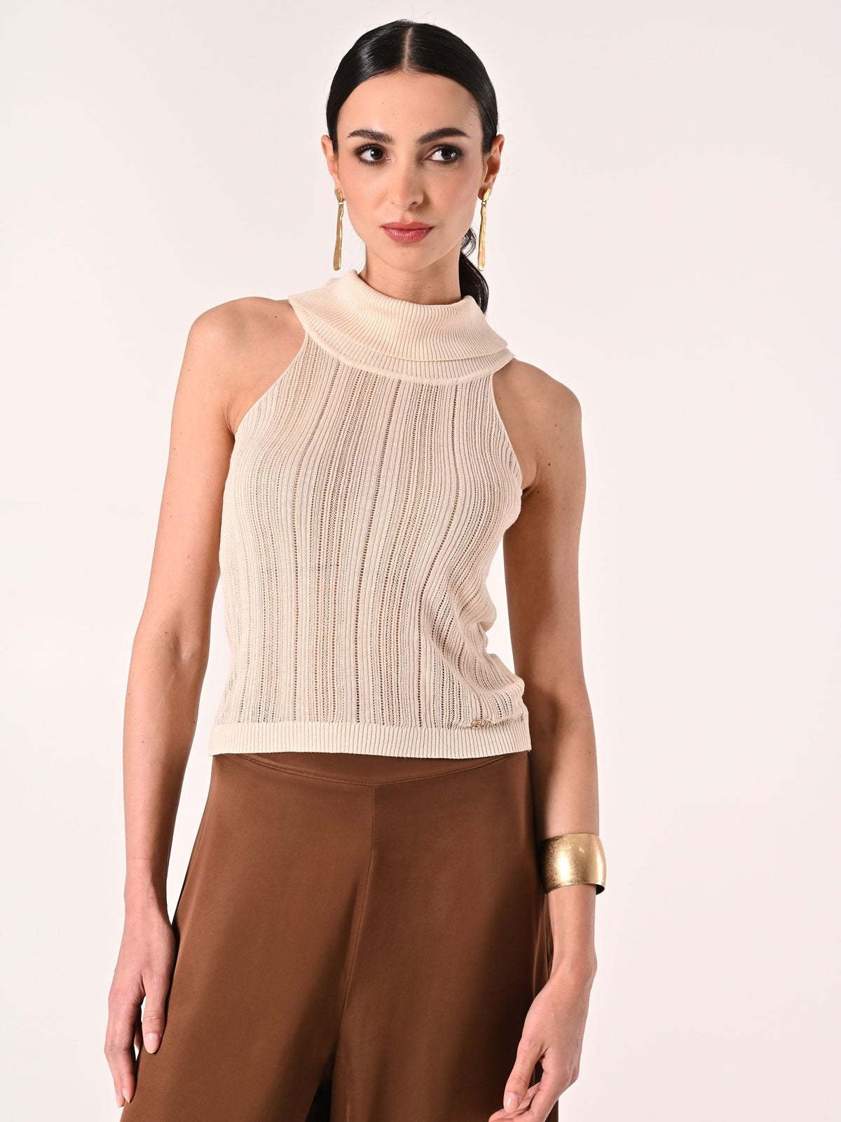Top Beige Chiaro in Maglia Traforata