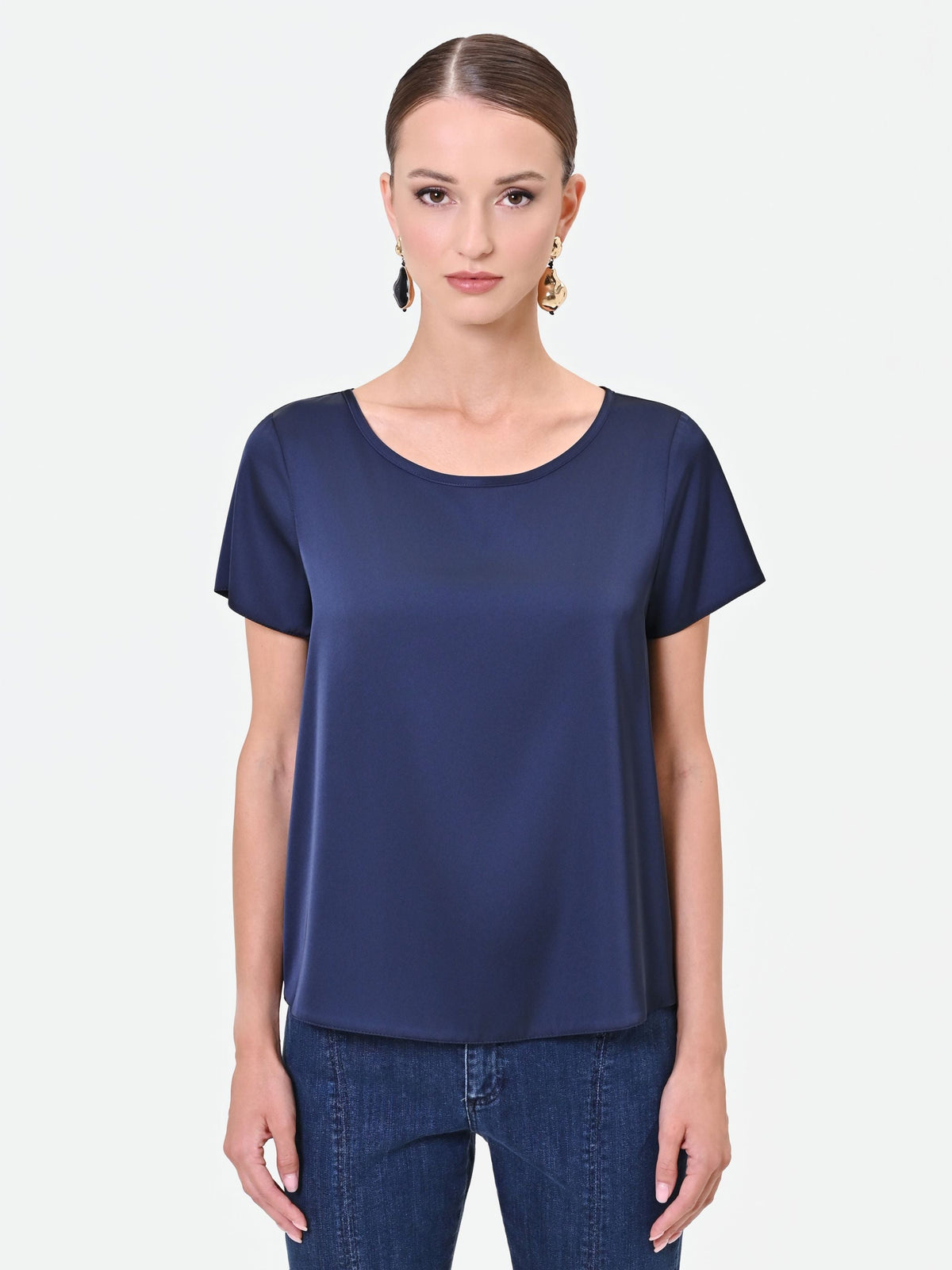 Blusa scivolata in raso blu navy