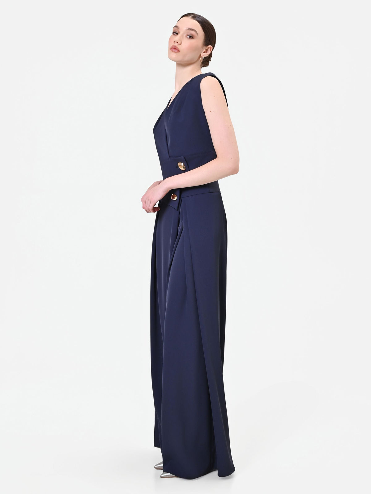 Pantalone palazzo blu navy con bottone design