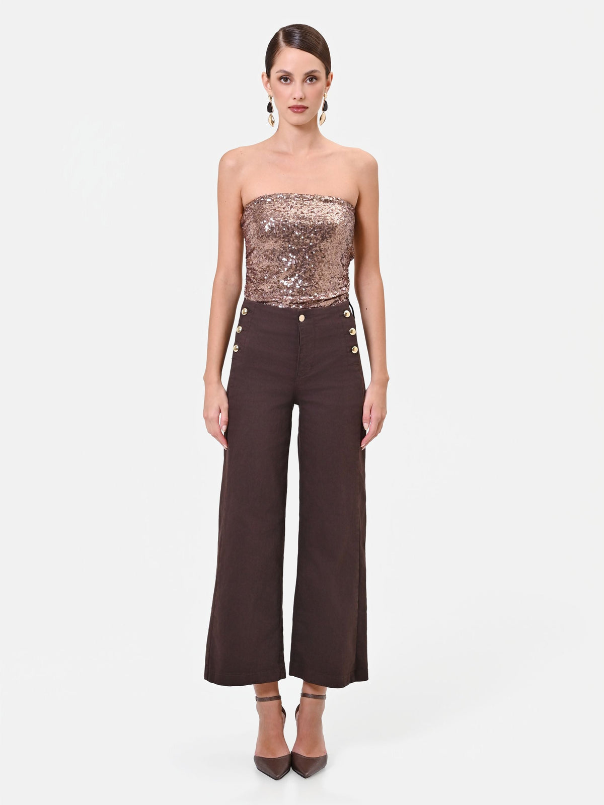 Pantaloni cropped moro con bottoni dorati