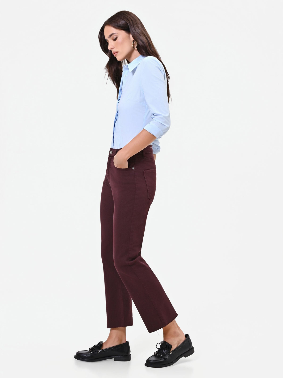 Pantalone cropped bordeaux rosso in twill di cotone