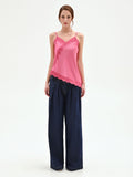 Top in raso rosa con inserti in pizzo