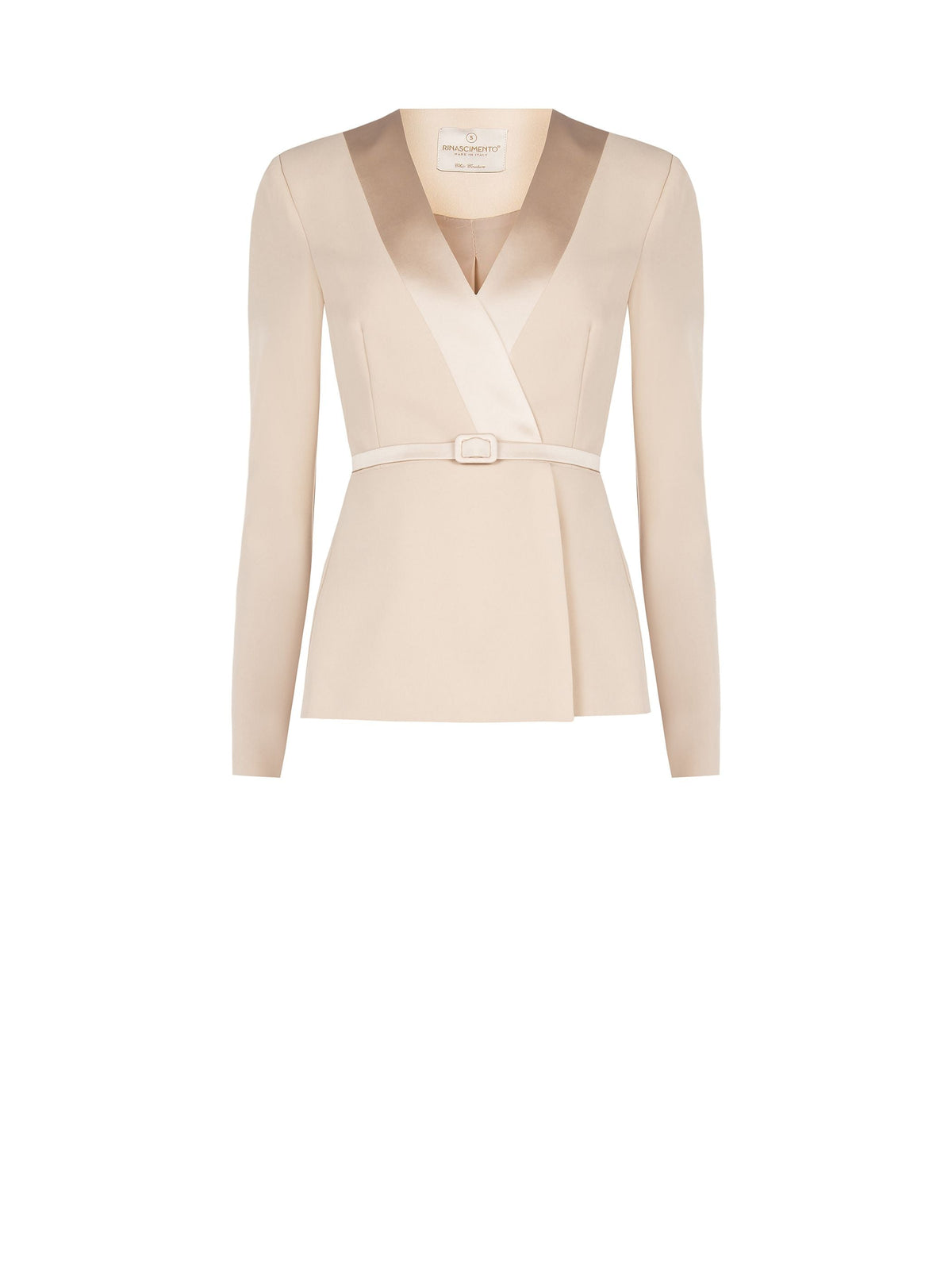 Giacca tortora beige con cintura e rever satinati