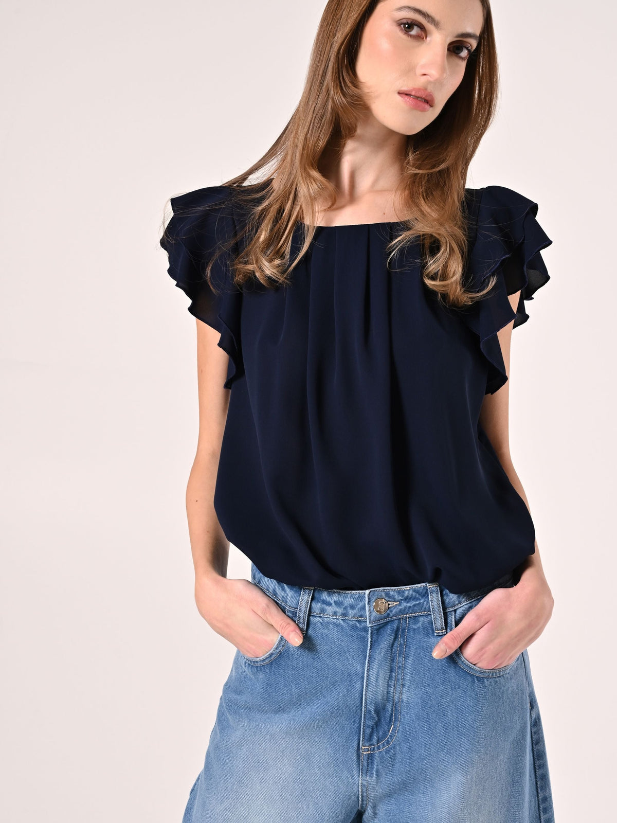 Blusa con Maniche ad Aletta Blu Navy