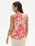 Canotta halter in raso stampa floreale rosso fragola