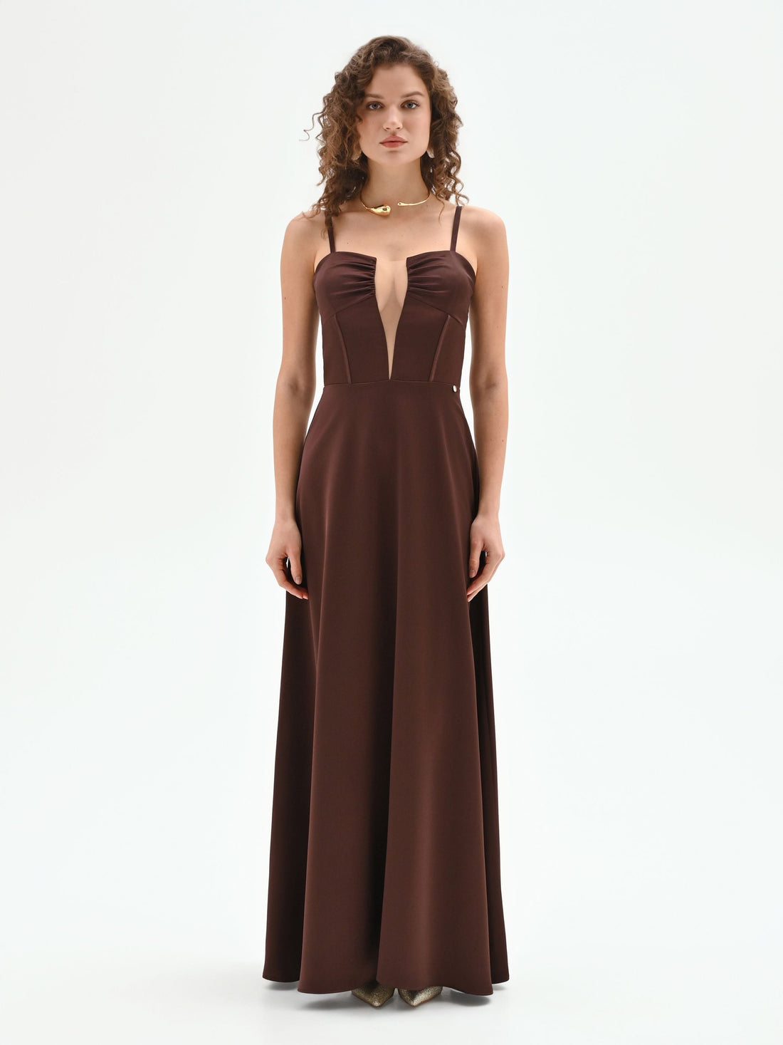 Abito lungo cioccolato con inserto in tulle