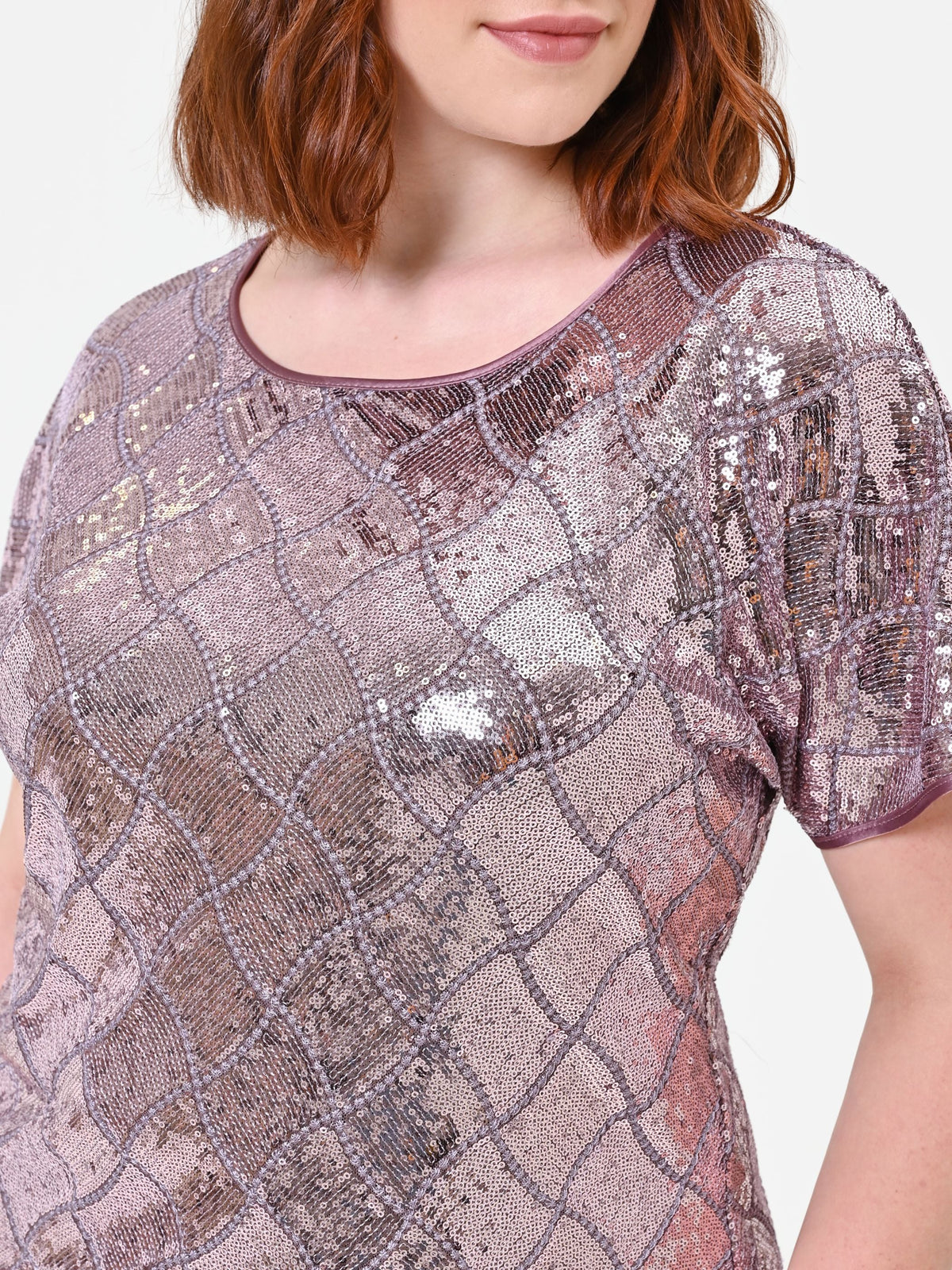 Blusa Curvy manica corta in paillettes rosa antico