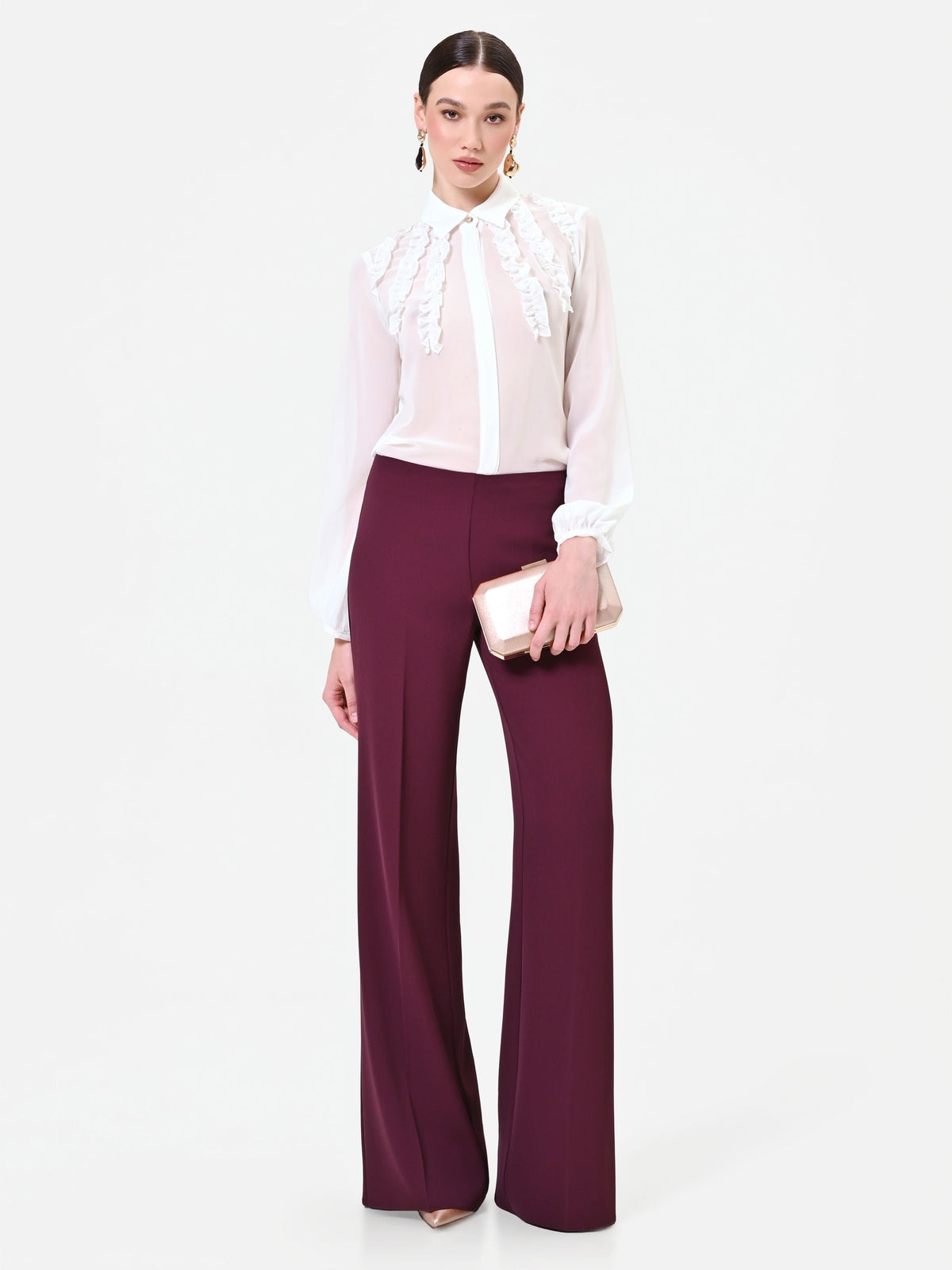 Pantalone a palazzo fluido bordeaux in cadi