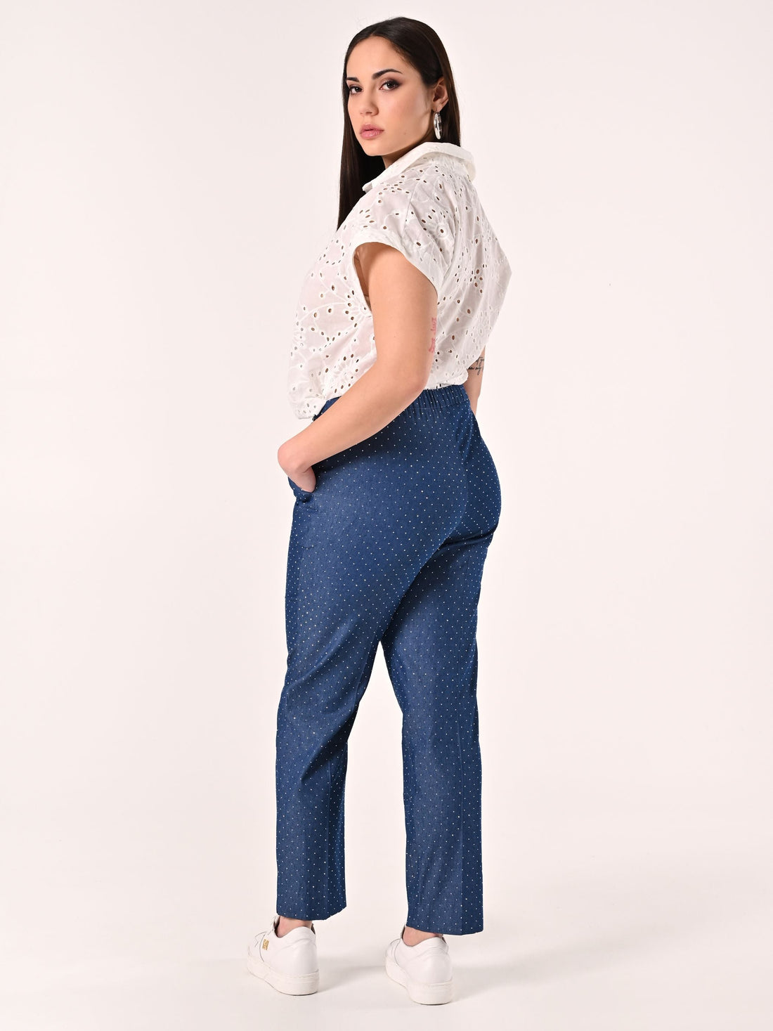 Pantaloni Curvy in Chambray con Strass