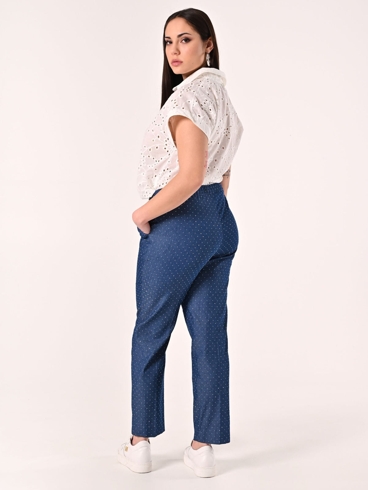Pantaloni Curvy in Chambray con Strass