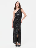 Abito lungo nero monospalla con paillettes