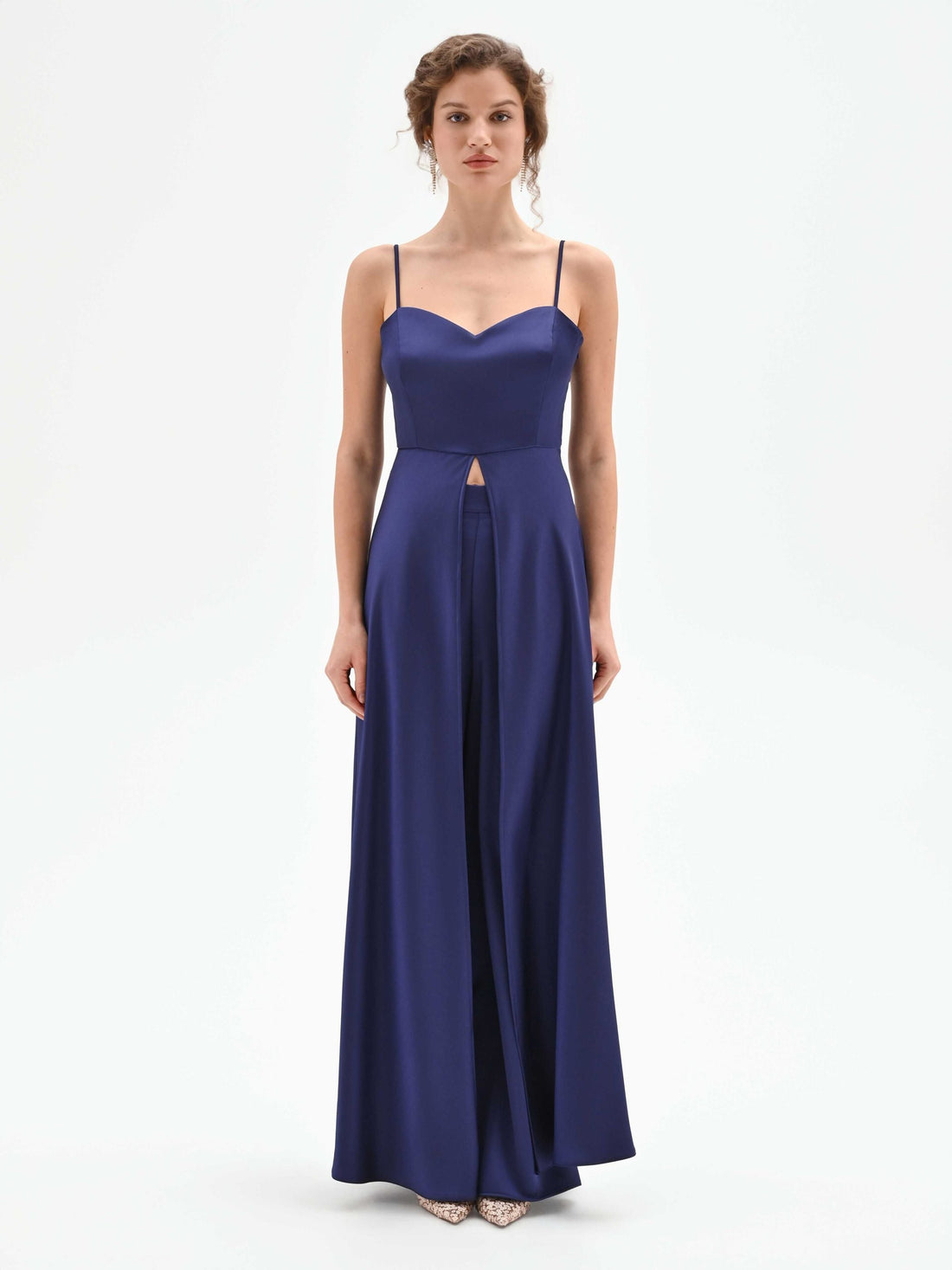 Top atelier lungo in raso blu indaco