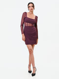 Mini abito bordeaux rosso in tulle con corpetto steccato
