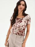 Blusa in raso cioccolato con stampa floreale