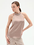 Top tortora beige in raso con applicazione gioiello