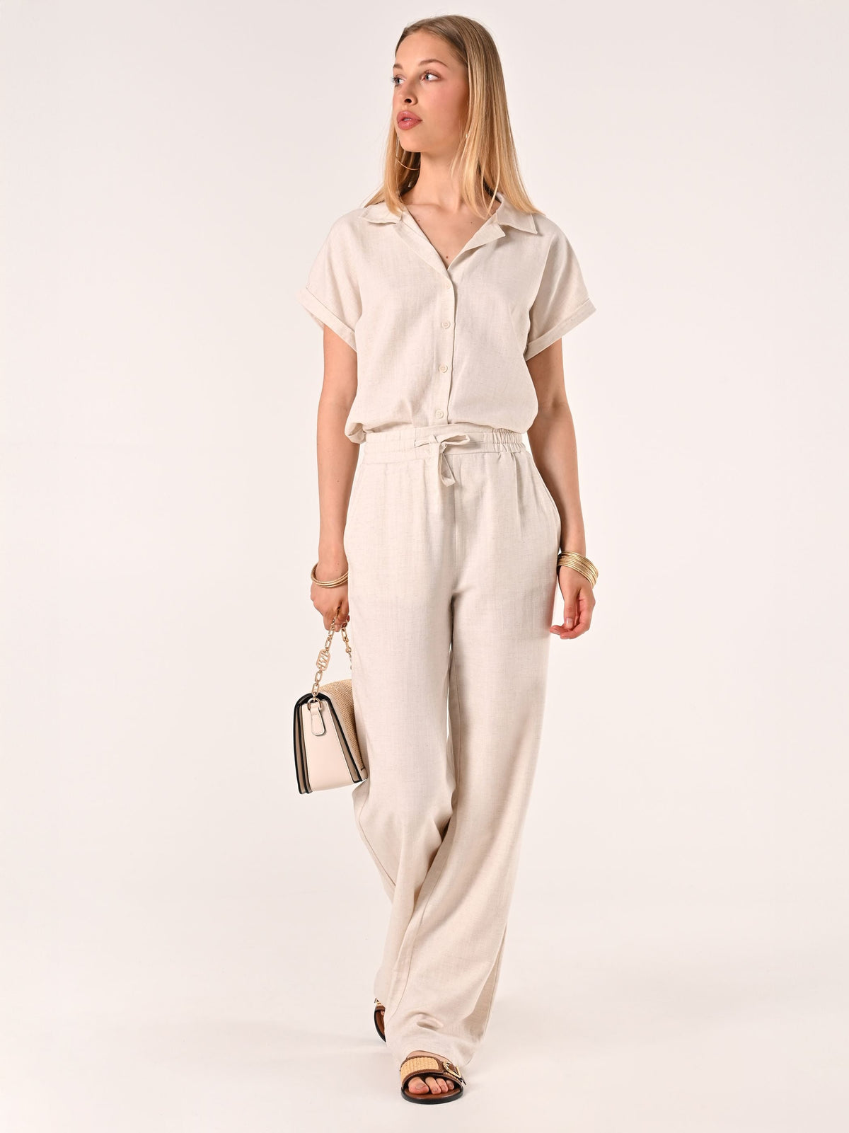 Pantaloni Beige Ampi in Lino Cotone