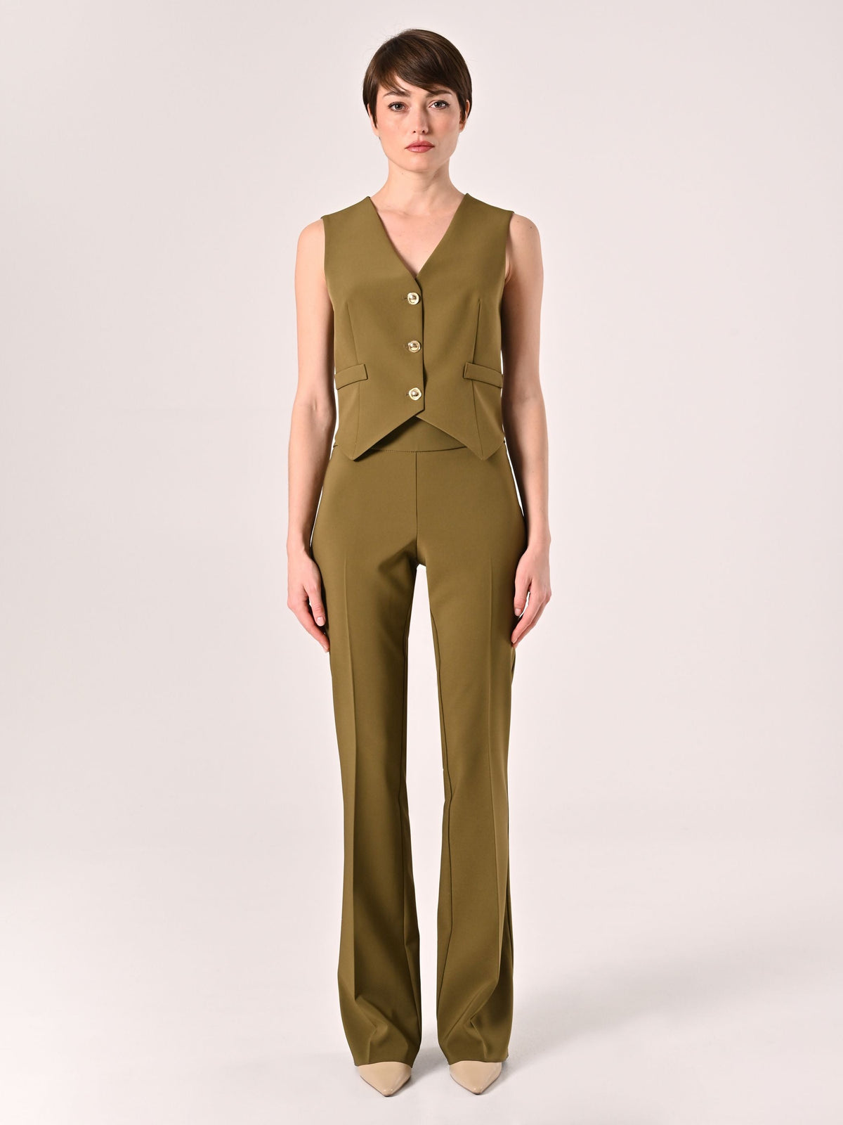 Pantaloni in Tessuto Tecnico Verde Militare con Fascione in Vita