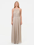 Abito lungo oro in georgette con scollo halter