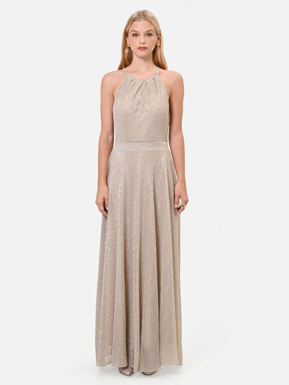 Abito lungo oro in georgette con scollo halter