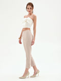 Pantalone cropped tortora beige con bottoni al fondo