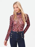 Blusa in tulle aderente rosso bordeaux con stampa animalier