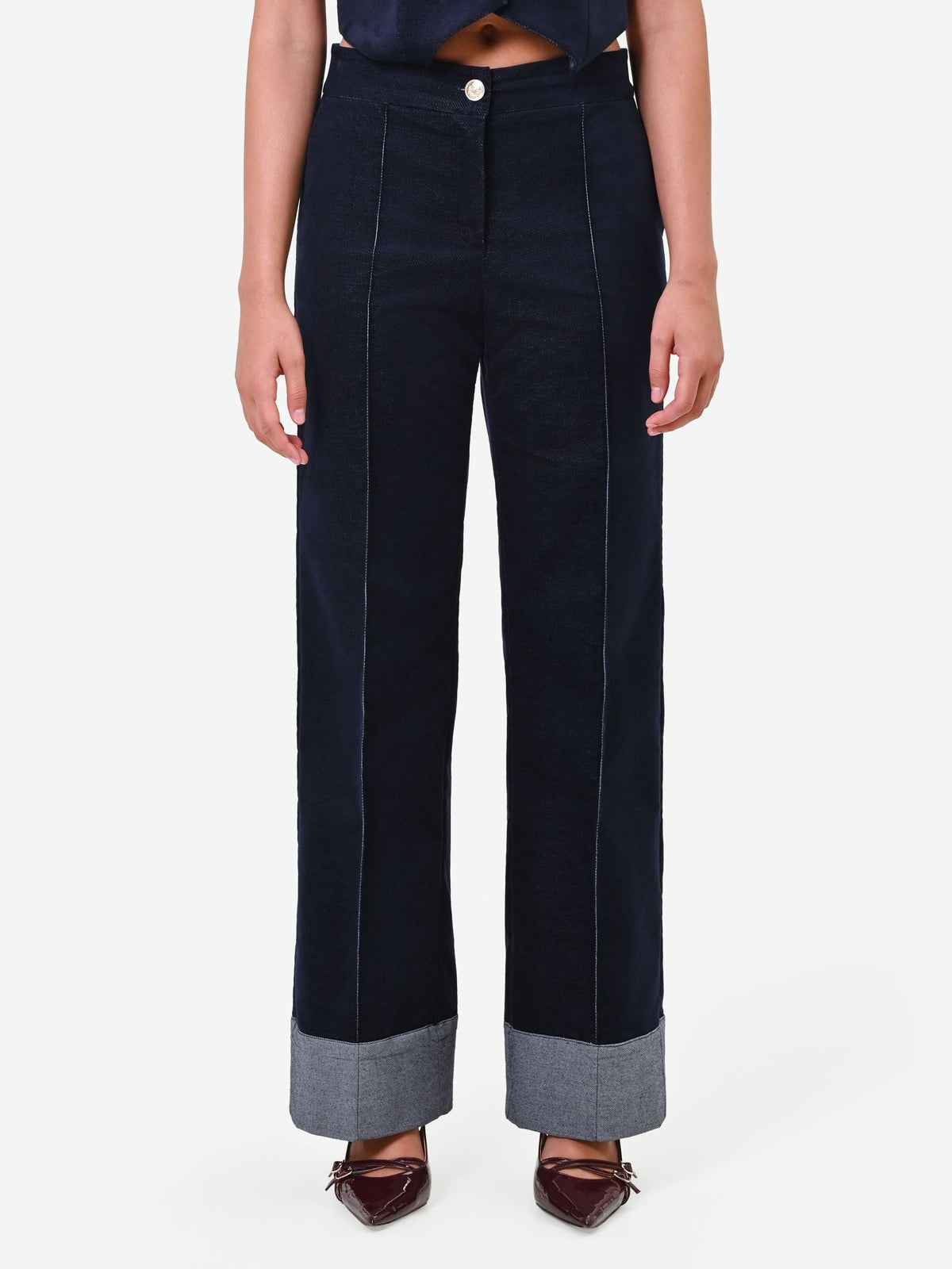 Pantalone blu navy in velluto con impunture a contrasto Giorgia Palmas X Rinascimento