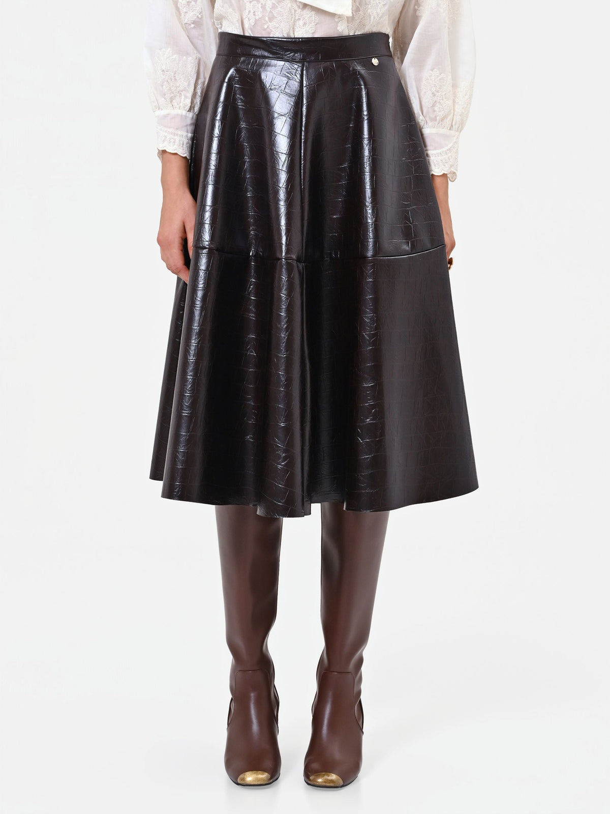 Gonna midi marrone in similpelle stampa cocco