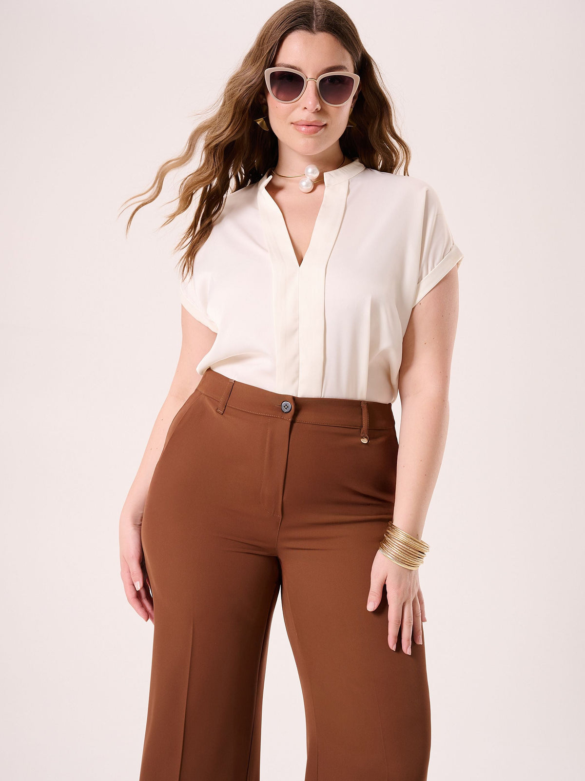 Blusa Curvy con Collo alla Coreana Bianca