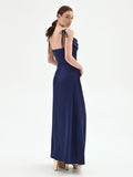 Abito atelier lungo blu indaco con corpetto drappeggiato