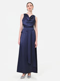 Abito lungo blu navy con scollo drappeggiato