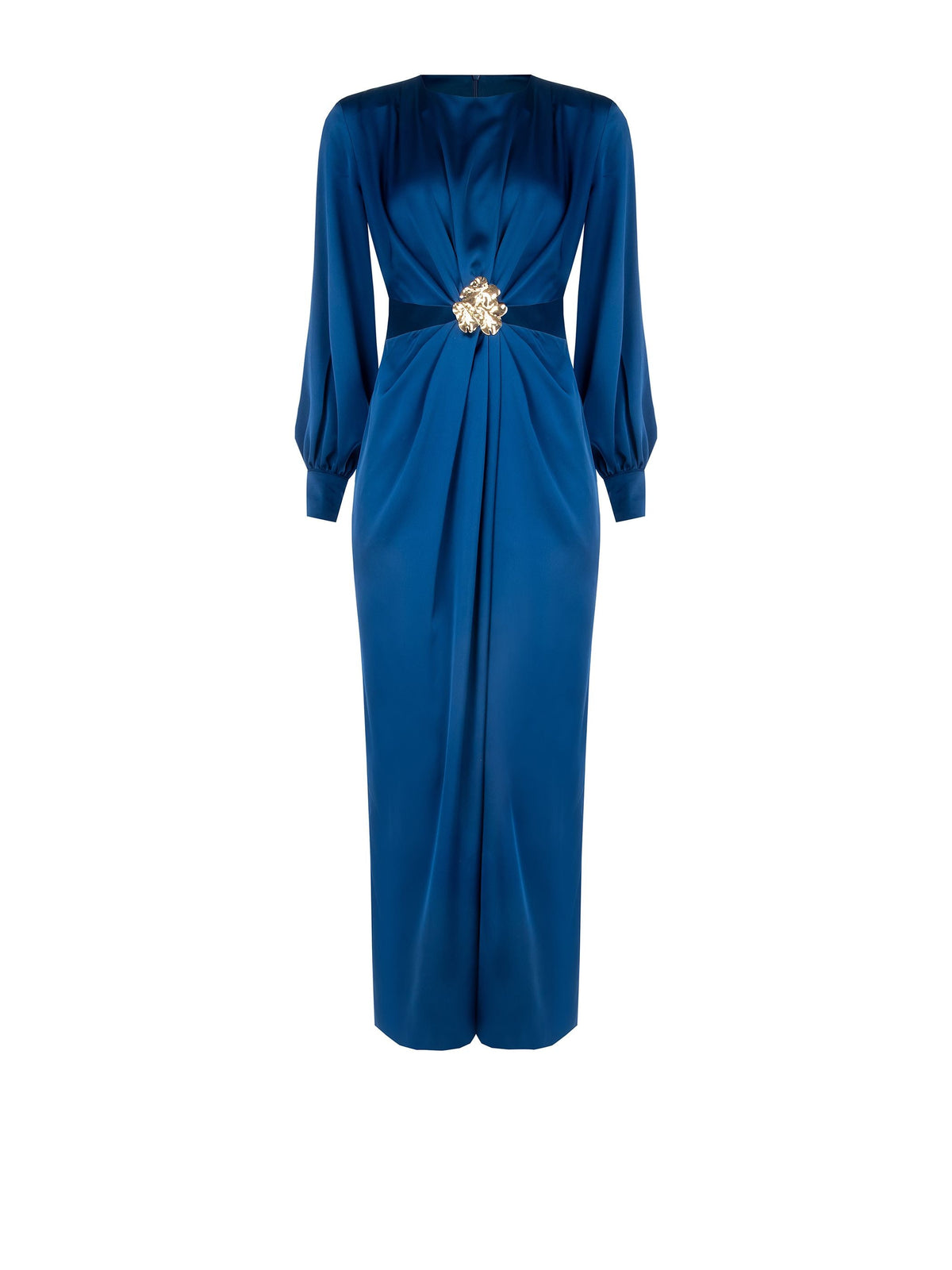 Abito lungo blu brillante con cut-out e applicazione gioiello