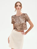 Blusa crop in paillettes marrone bronzo