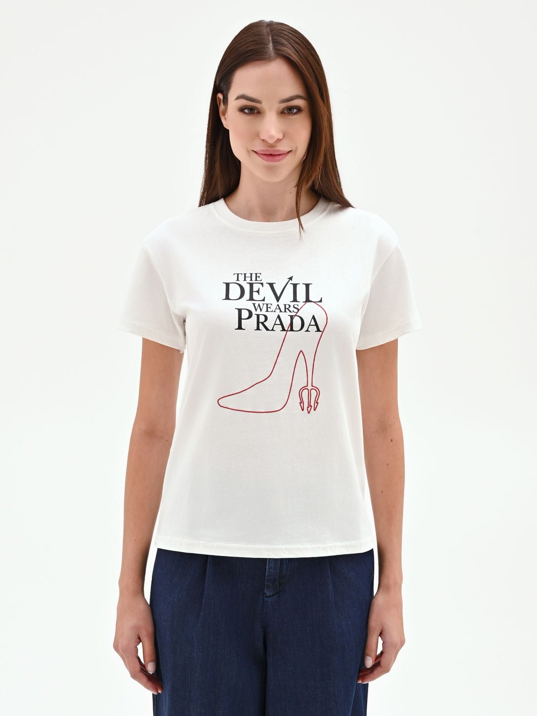 T-shirt bianca con stampa 'The Devil Wears Prada' in cotone
