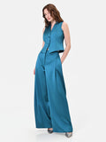 Pantalone palazzo blu ottanio in raso