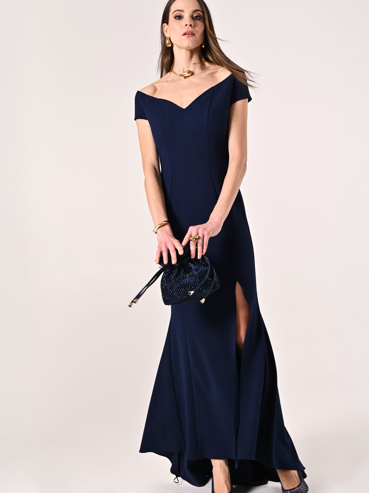 Abito Lungo Blu Navy off-the-Shoulders