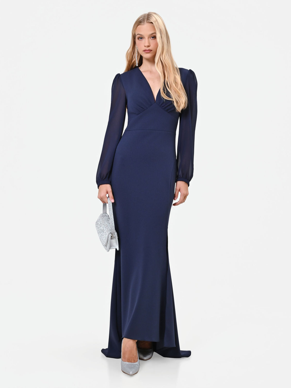 Abito lungo blu navy in scuba mano crèpe