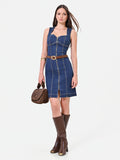 Abito corto in denim blu con zip a vista