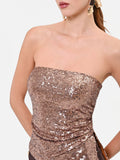 Top paillettes a fascia bronzo con drappeggio