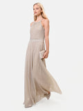 Abito lungo oro in georgette con scollo halter